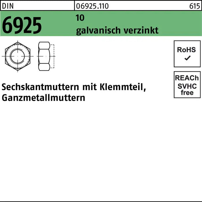 B-Ware Reyher Sechskantmutter Mutter Selbstsichernd Stahl M12 X 1,75 Verzinkt 100 Stück - 4043952503171