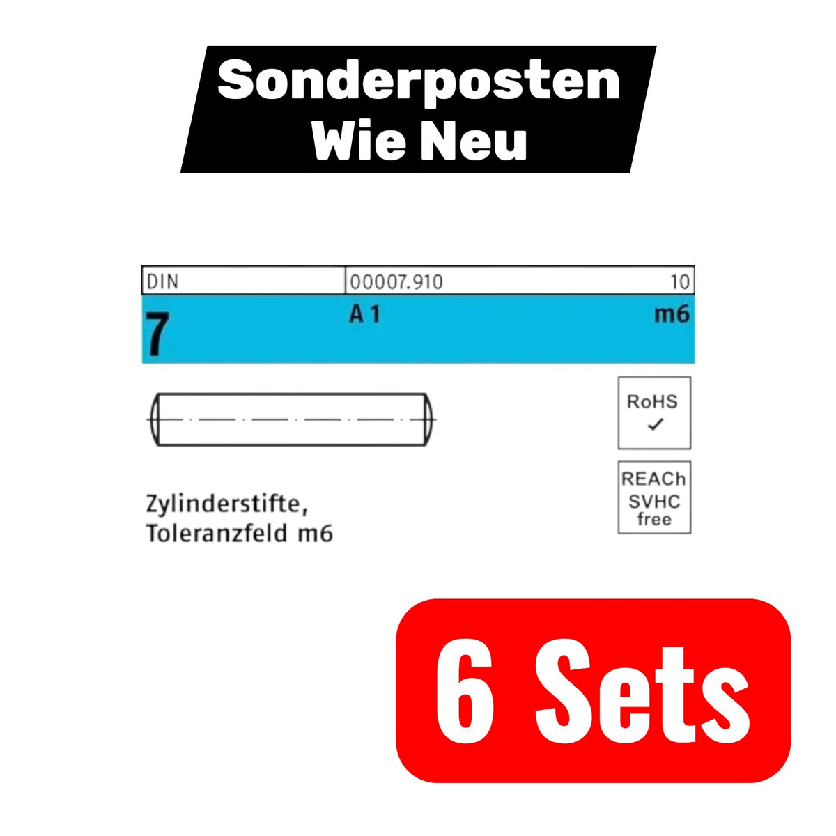 Reyher Zylinderstift Stift DIN 7 Abmessung 3mm M6x18mm A1 Werkzeug 6 SETS - 4043952007358