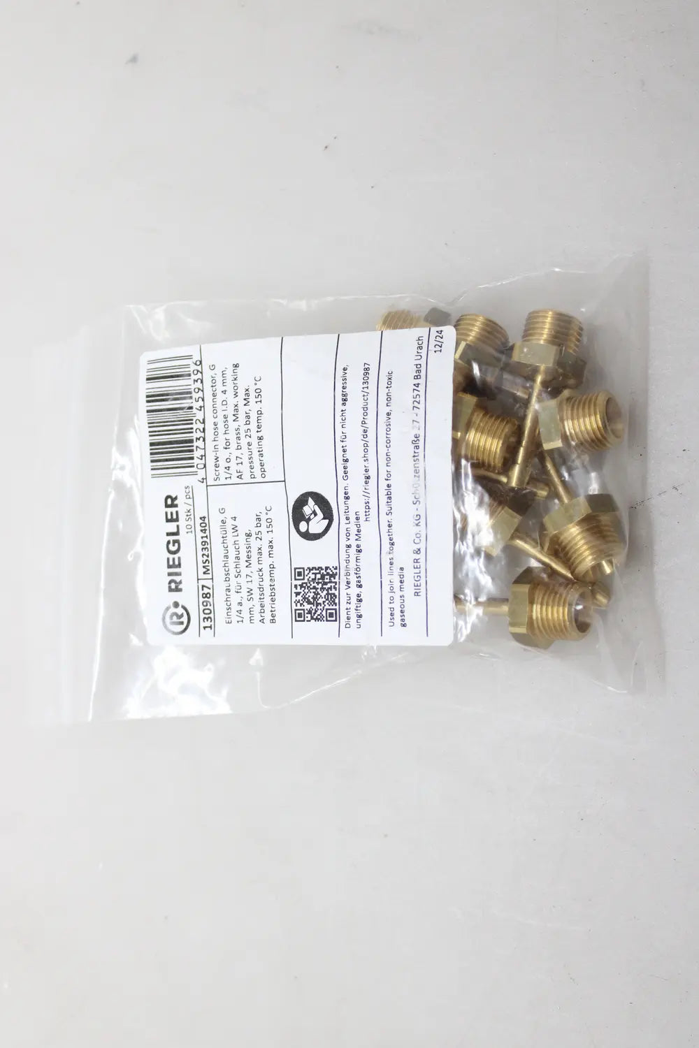 B-Ware Riegler Schlauchtülle Einschraubschlauch Messing G 1/4 Lw 4 Mm Sw 17 Mm 12 Stück - 4047322459396