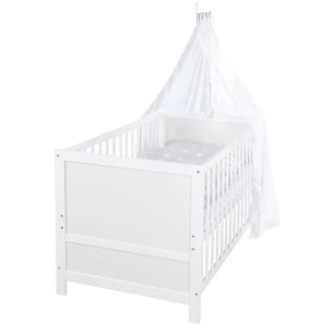B-Ware Roba Komplettbettset Kinderbett Babybett Sterne Weiß Grau Matratze Kissen Himmel
