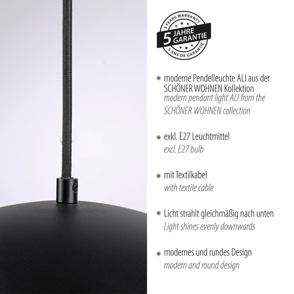 SCHÖNER WOHNEN Hängeleuchte Pendelleuchte Ali Lampe schwarz Eisen E27 38 cm - 4043689017750