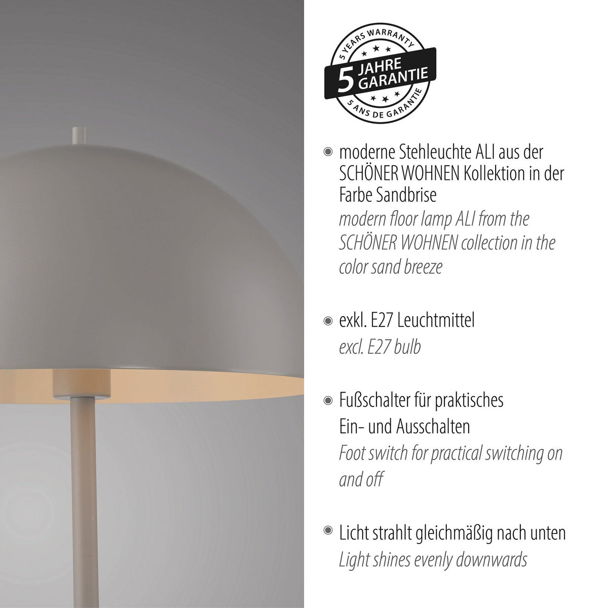 SCHÖNER WOHNEN Stehleuchte Ali LED Lampe Leuchte sand Eisen E27 155cm 38cm - 4043689017736