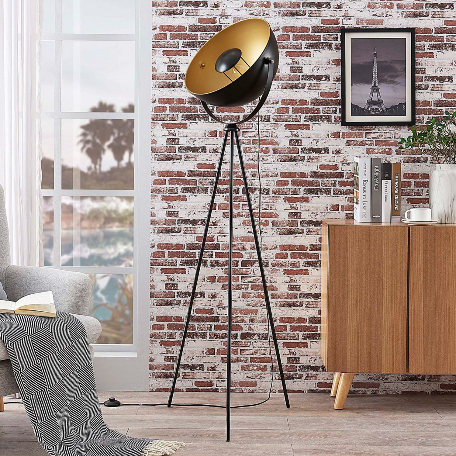 B-Ware Lindby Tripod Stehlampe Meline Lampe Wohnzimmerlampe Schwarz Gold Siehe Text - 4251096545791