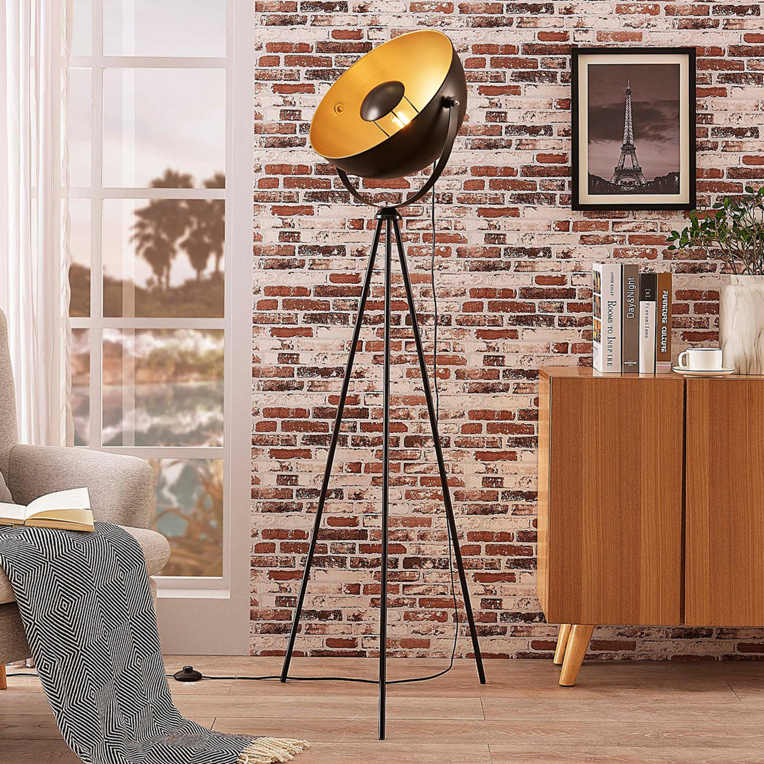 B-Ware Lindby Tripod Stehlampe Meline Lampe Wohnzimmerlampe Schwarz Gold Siehe Text - 4251096545791