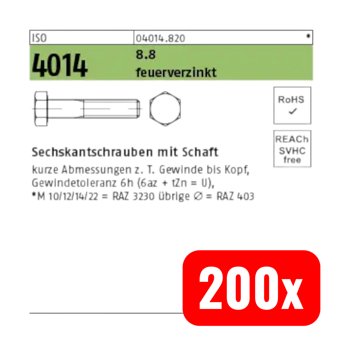 Sechskantschraube Schraube ISO 4014 TG M24 x 260 Stahl feuerverzinkt 200 STÜCK - 4043952236291