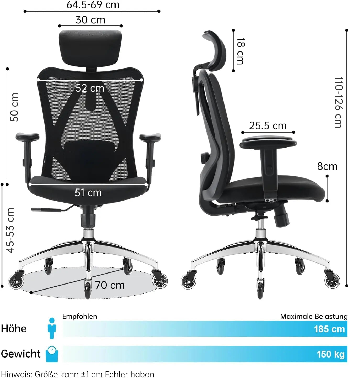 Sihoo Schreibtischstuhl Drehstuhl Bürostuhl Kopfstütze Armlehne 150kg Schwarz B-Ware - 779324880840