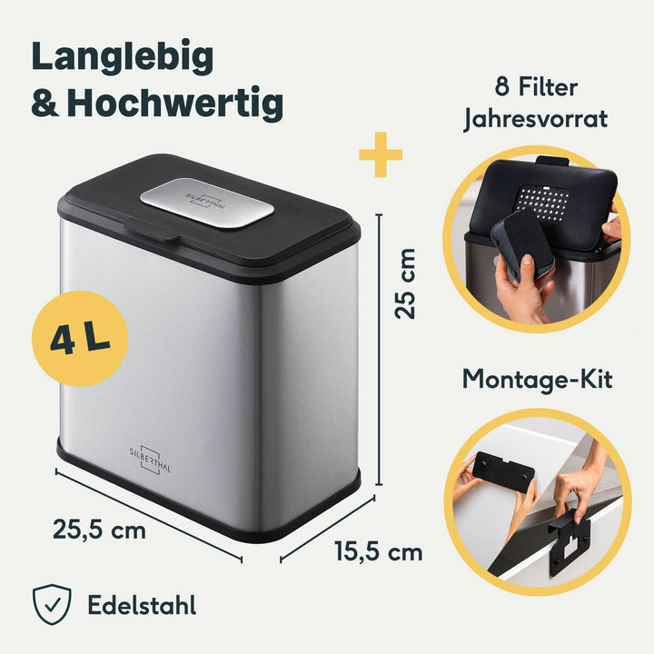 SILBERTHAL Biomülleimer Abfalleimer Edelstahl Aktivkohlefilter 4L Kunststoff - 4260470467079