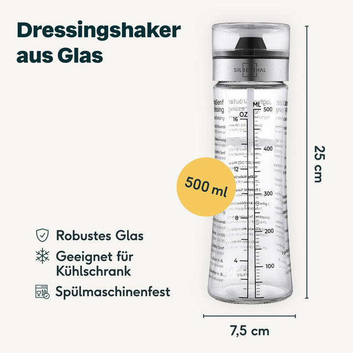 SILBERTHAL Dressingshaker Mixer Glasflasche 500ml Küchenhelfer Marinaden Soßen - 4260470462548