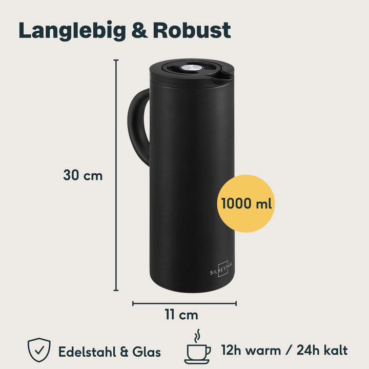 SILBERTHAL Thermoskanne Kaffeekanne Isolierkanne Glaseinsatz Edelstahl 1L - 4260470462555