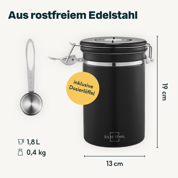 SILBERTHAL Kaffeedose Vorratsdose luftdicht Edelstahl schwarz Aromaventil Löffel - 4260470462562