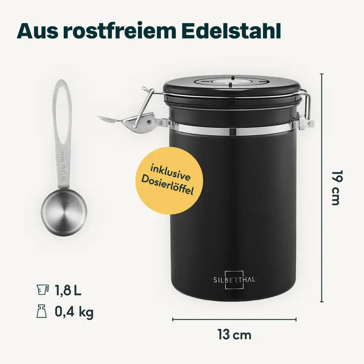 B-Ware Silberthal Kaffeedose Vorratsdose Luftdicht Edelstahl Schwarz Aromaventil Dose