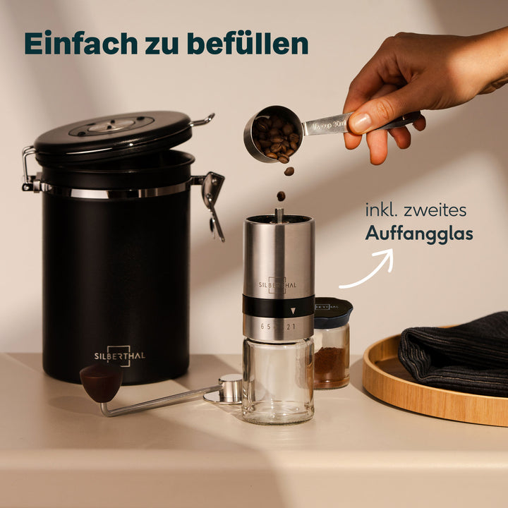 SILBERTHAL Kaffeemühle Handmühle Kaffeebereiter Edelstahl Glas Kegelmahlwerk - 4260470462173
