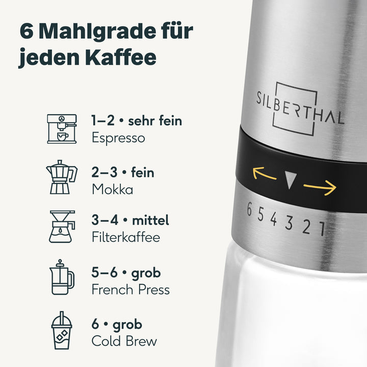 SILBERTHAL Kaffeemühle Handmühle Kaffeebereiter Edelstahl Glas Kegelmahlwerk - 4260470462173