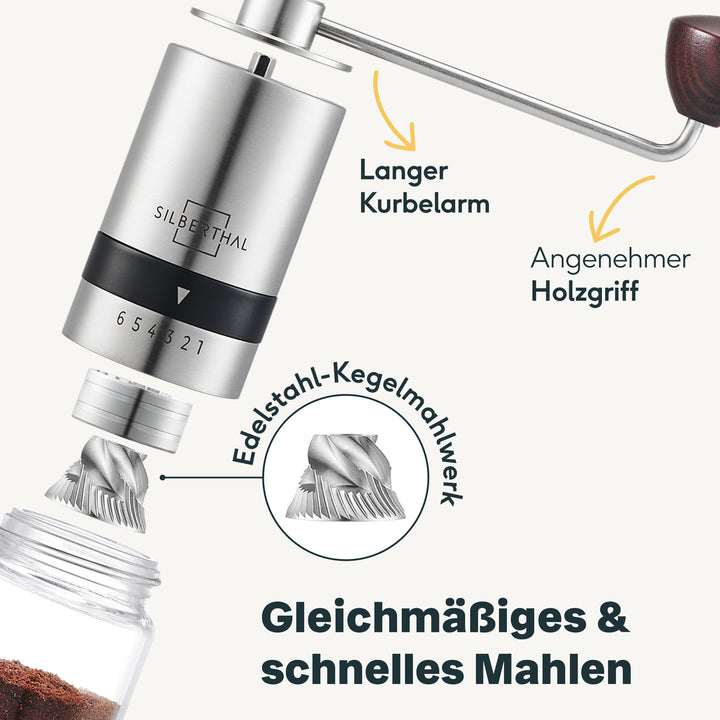 SILBERTHAL Kaffeemühle Handmühle Kaffeebereiter Edelstahl Glas Kegelmahlwerk - 4260470462173