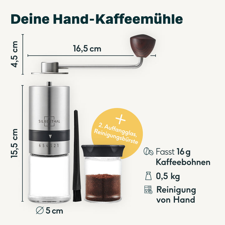 SILBERTHAL Kaffeemühle Handmühle Kaffeebereiter Edelstahl Glas Kegelmahlwerk - 4260470462173