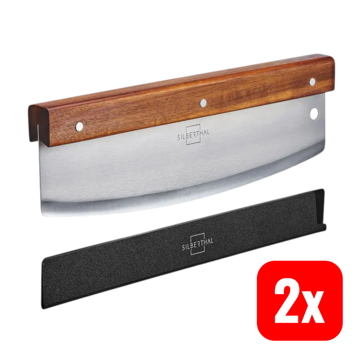 SILBERTHAL Pizza Wiegemesser Schneider Edelstahl 32cm Akazienholz Griff 2 STÜCK - 4260470464450