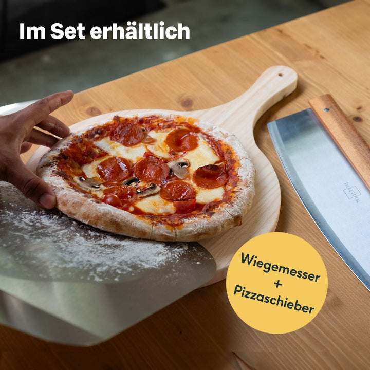 SILBERTHAL Pizza Wiegemesser Schneider Edelstahl 32cm Akazienholz Griff 2 STÜCK - 4260470464450