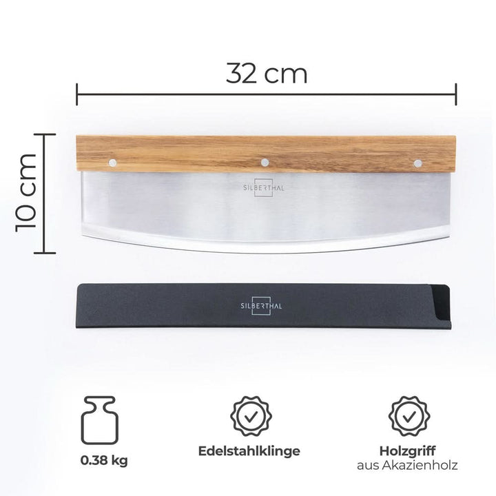 SILBERTHAL Pizza Wiegemesser Schneider Edelstahl 32cm Akazienholz Griff 2 STÜCK - 4260470464450