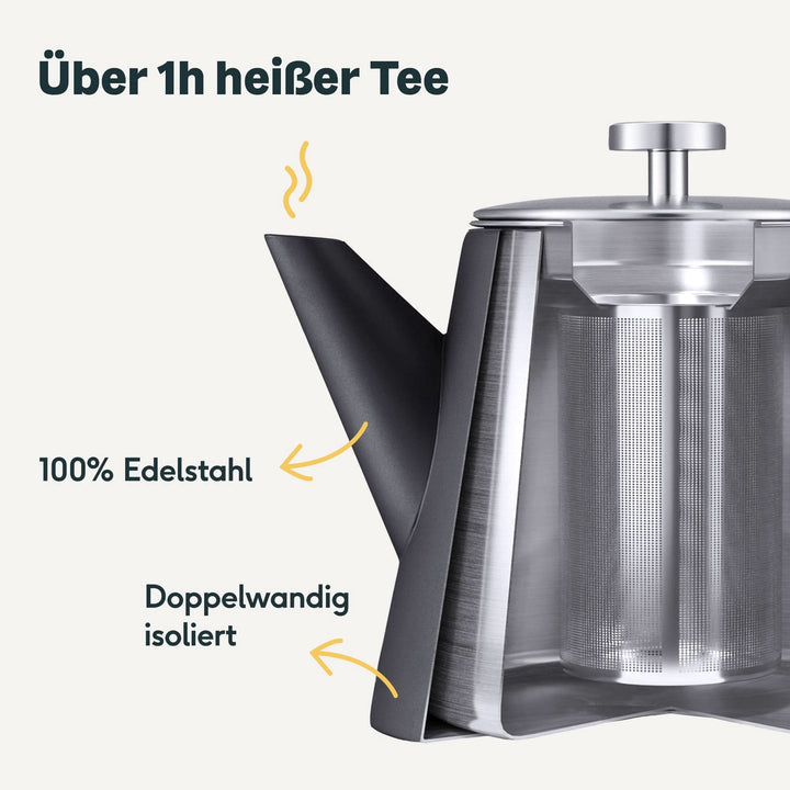 SILBERTHAL Teekanne Kanne Edelstahl Sieb Glas Thermo 1l Schwarz - 4260470462159