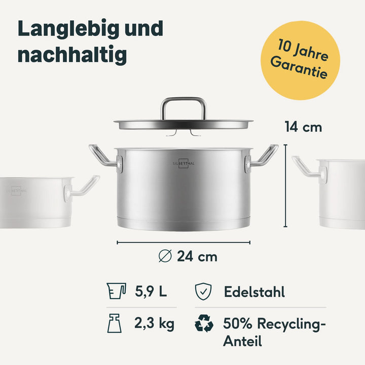 SILBERTHAL Kochtopf Topf Edelstahl Glasdeckel 24 cm 5 8 Liter Induktion Gas - 4260470463132