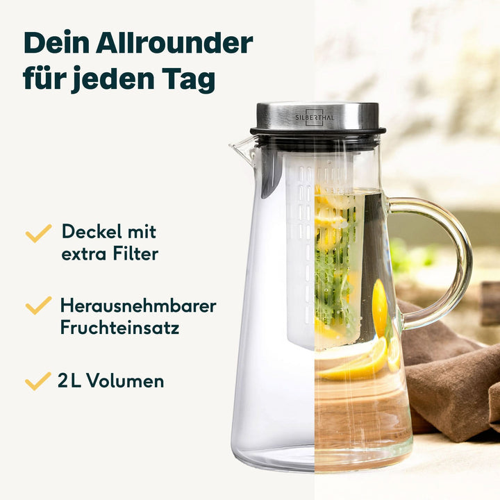 SILBERTHAL Karaffe Glaskaraffe Fruchteinsatz Wasserkanne Wasserkrug Klar 2 L - 4260470462425