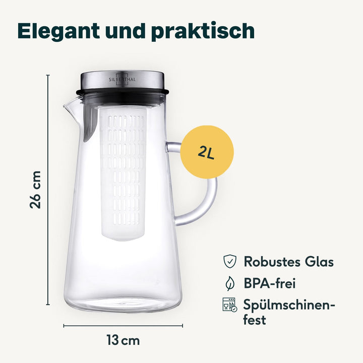 SILBERTHAL Karaffe Glaskaraffe Fruchteinsatz Wasserkanne Wasserkrug Klar 2 L - 4260470462425