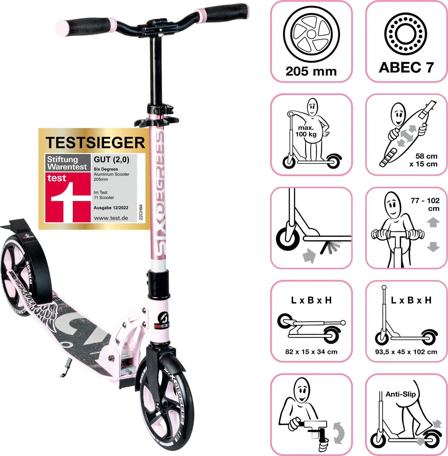 B-Ware Six Degrees Alu Scooter Roller 205mm City Roller Kickroller Rosa Pink Kinder 871