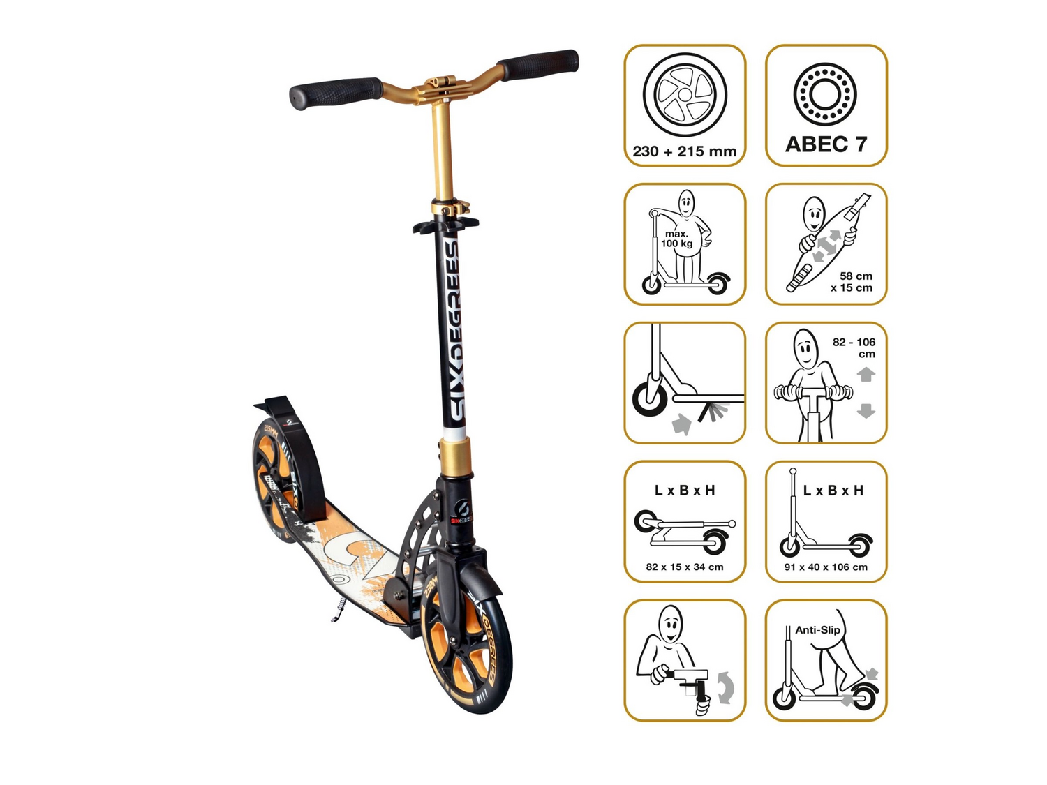 B-Ware Six Degrees Aluminium Scooter Tretroller Ständer Cityroller Roller Abec 7 Gold - 4260341185705