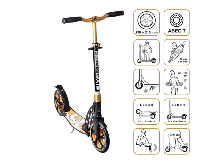 Six Degrees Aluminium Scooter Tretroller Ständer Cityroller Roller Abec 7 Gold B-Ware - 4260341185705