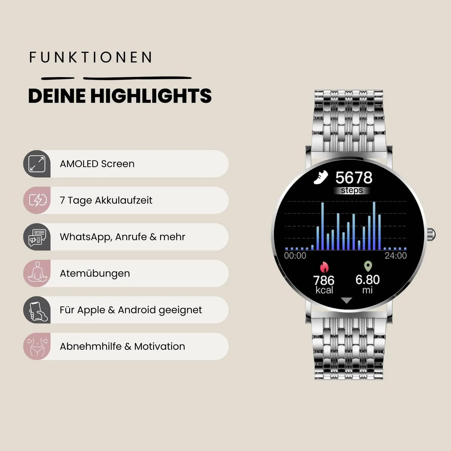 B-Ware Xcoast Siona 2 Smartwatch Armbanduhr Fitnessuhr Silber Damen Uhr - 4260449577044