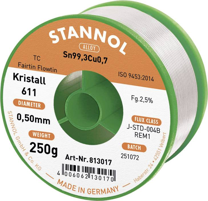 Stannol Kristall 611 Fairtin Lötzinn Weichlotdraht Sn99 3 Cu0,7 Rem1 250 G 0.5 Mm B-Ware