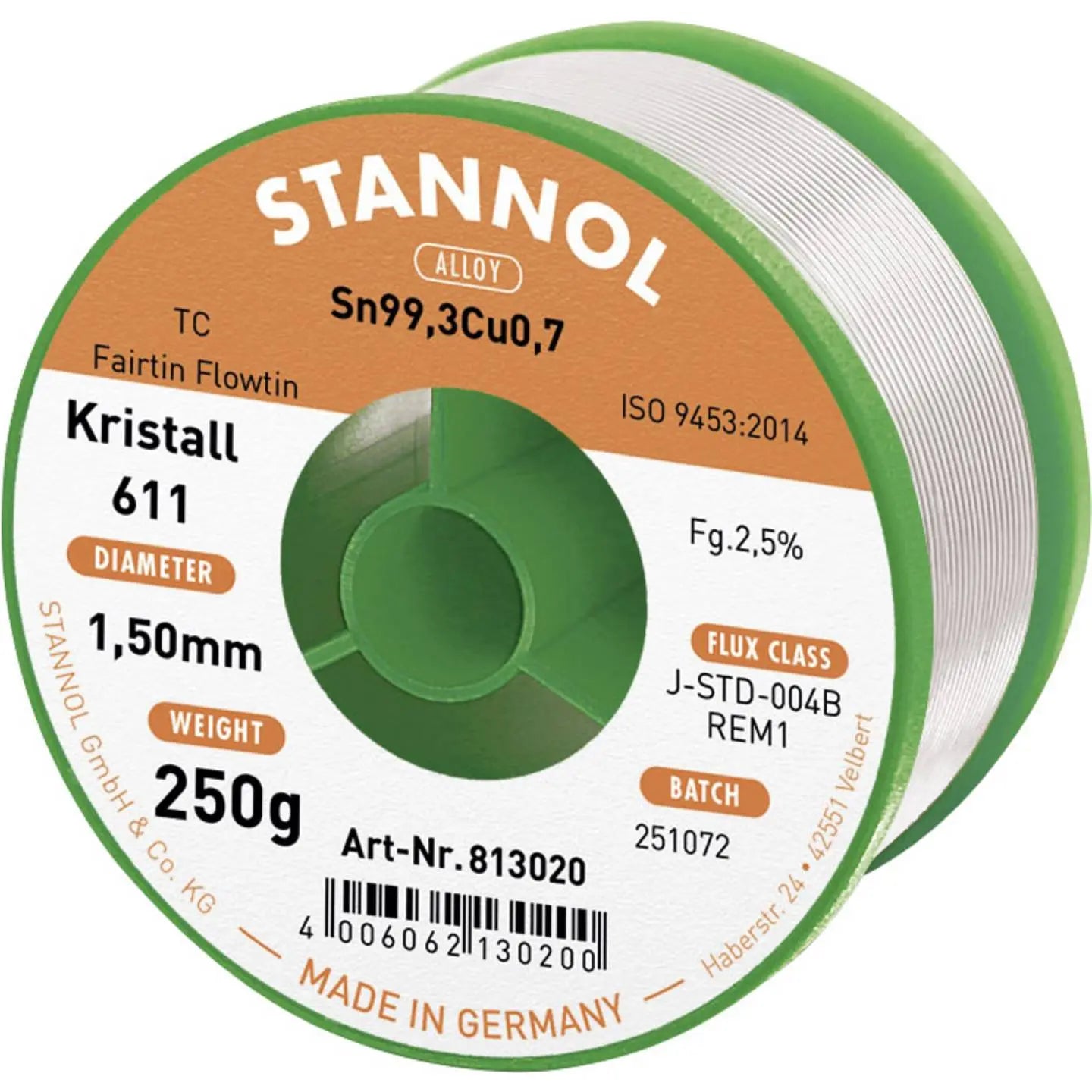 B-Ware Stannol Lötzinn Löt Draht Kristall 611 Flowtin Tc F Bleifrei 1,5 Mm Rolle 250 G - 4006062130200