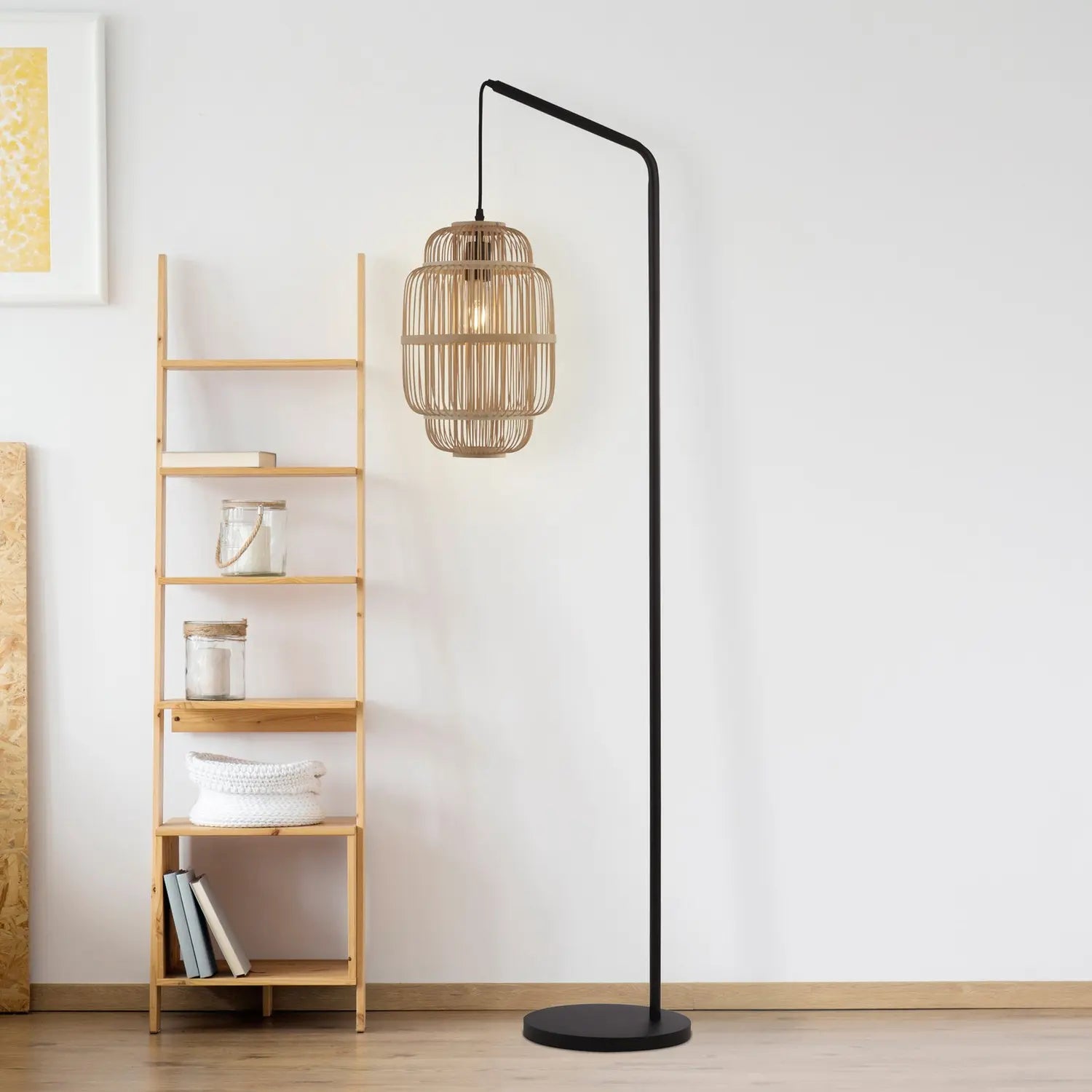 B-Ware Stehleuchte Standleuchte Searchlight Java Bambus Schwarz Holz Stahl Schalter - 5053423248752