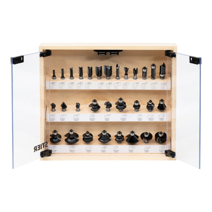 STIER Fräsersortiment Set Fräser 8 mm 30-teilig Vitrine Hartmetallschneiden - 4251709623458