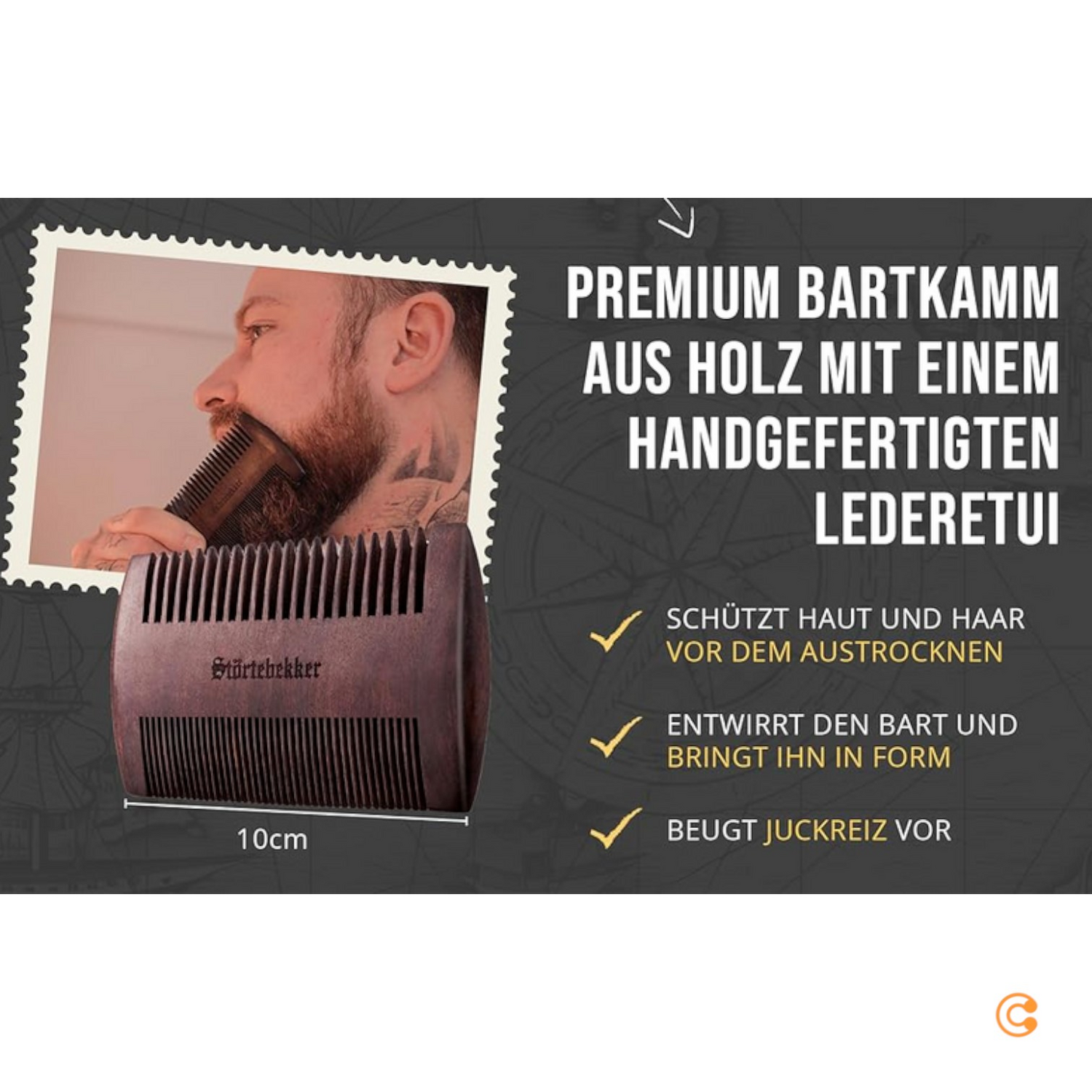 B-Ware Störtebekker Bartkamm Kamm Herrenkamm Sandelholz Leder Etui Zwei Zahnungen Br536 - 4260554490160