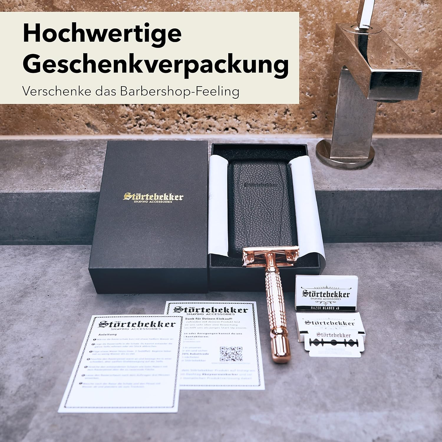 B-Ware Störtebekker Rasierhobel Herrenrasierer Rasierer 10 Ersatzklingen Rosegold R900