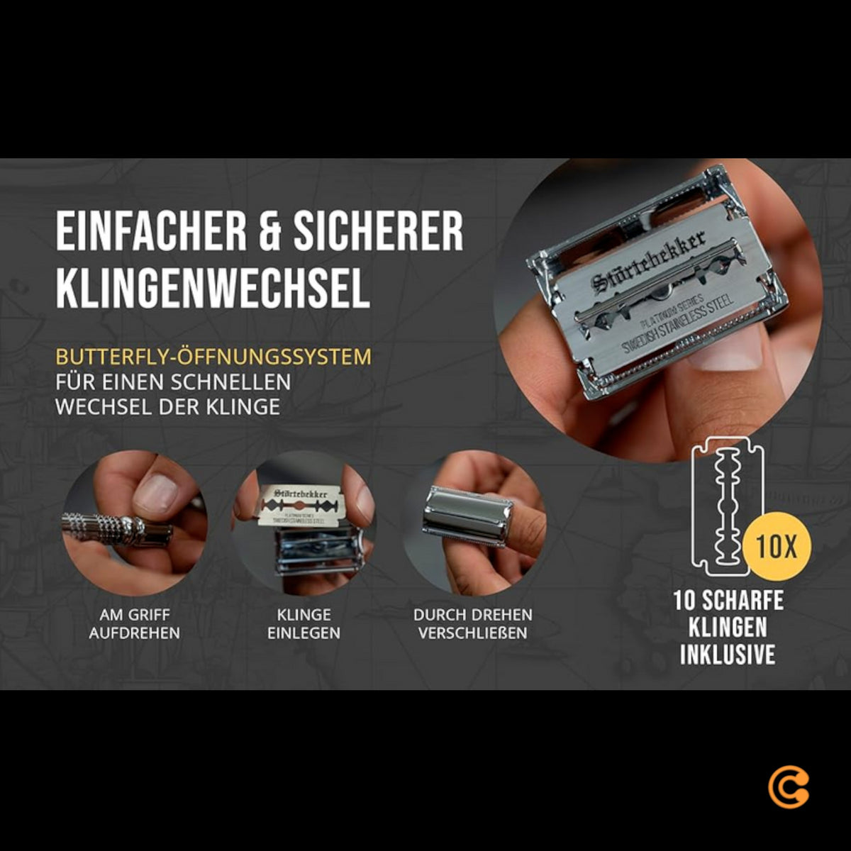 Störtebekker Rasierhobel Rasierer Nassrasier 10 Klingen Etui mit Spiegel schwarz - 4260554490061