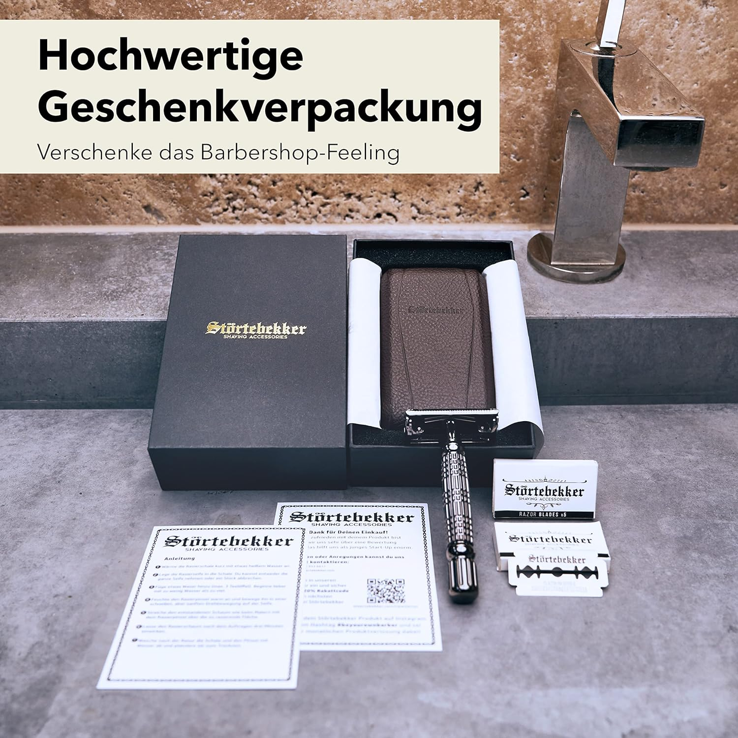 B-Ware Störtebekker Rasierhobel Herrenrasierer Rasierer 10 Rasierklingen Etui Spiegel - 4260554490078