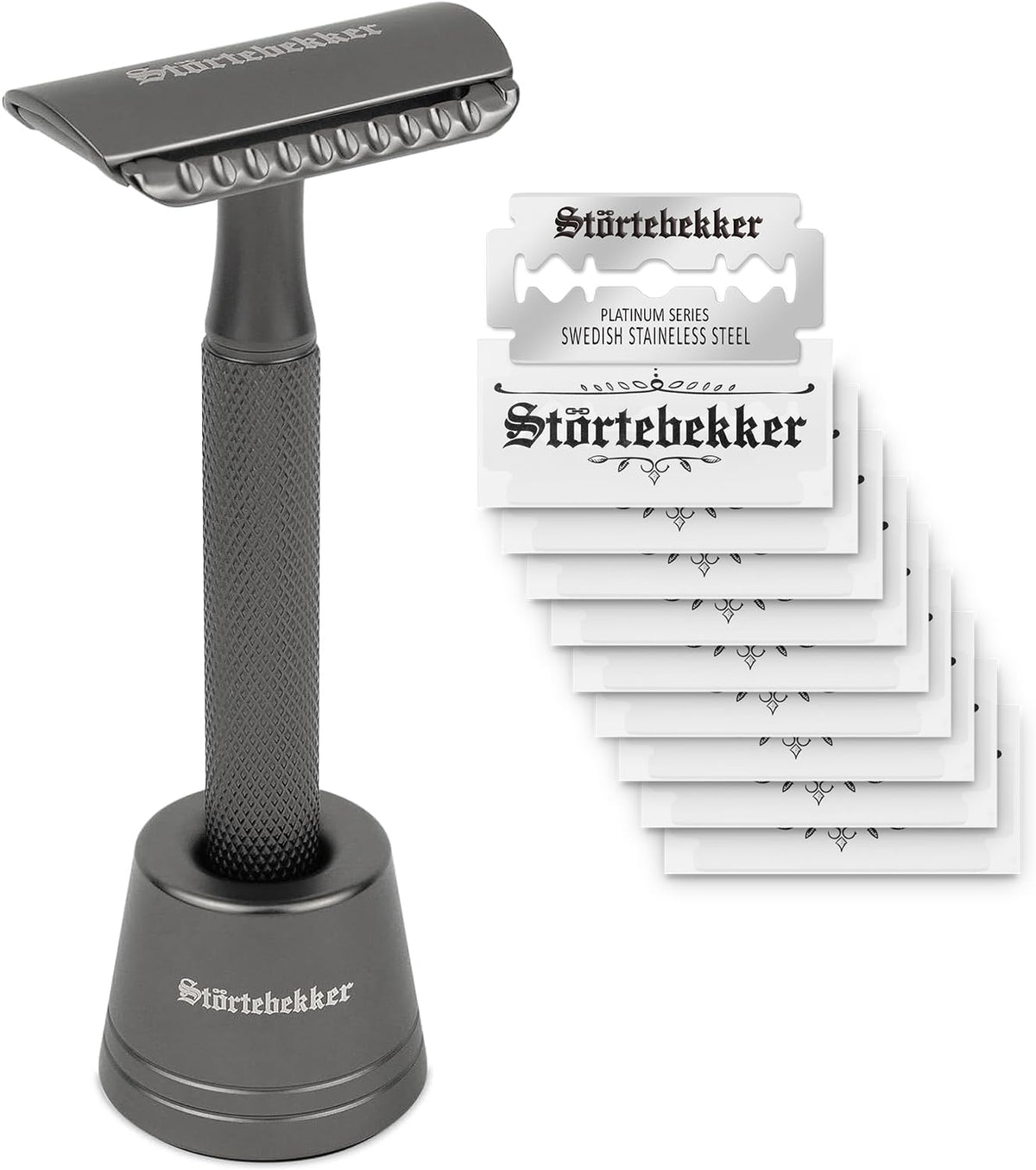 Störtebekker Rasierhobel Set Rasierer 10 Klingen Ständer schwarz klassisch O660 - 4260554493994