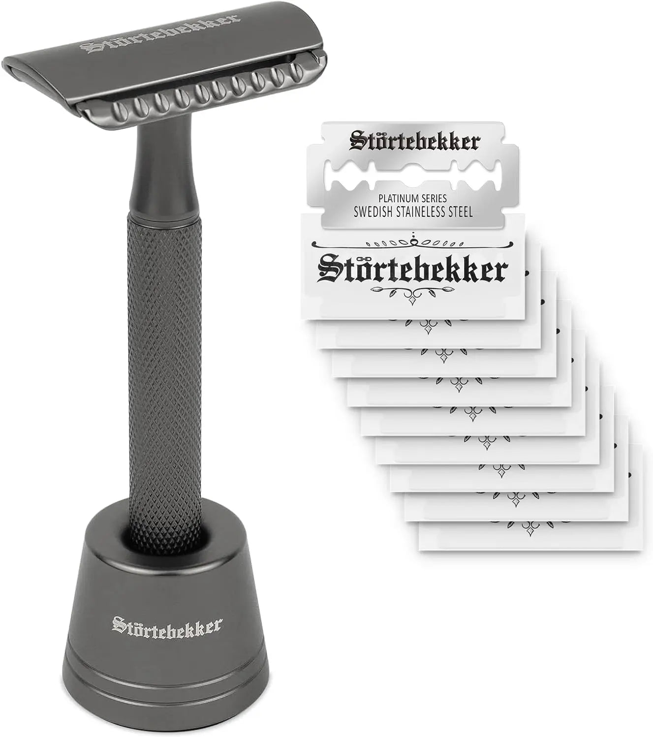 B-Ware Störtebekker Rasierhobel Set Rasierer 10 Klingen Ständer Schwarz Klassisch O660 - 4260554493994