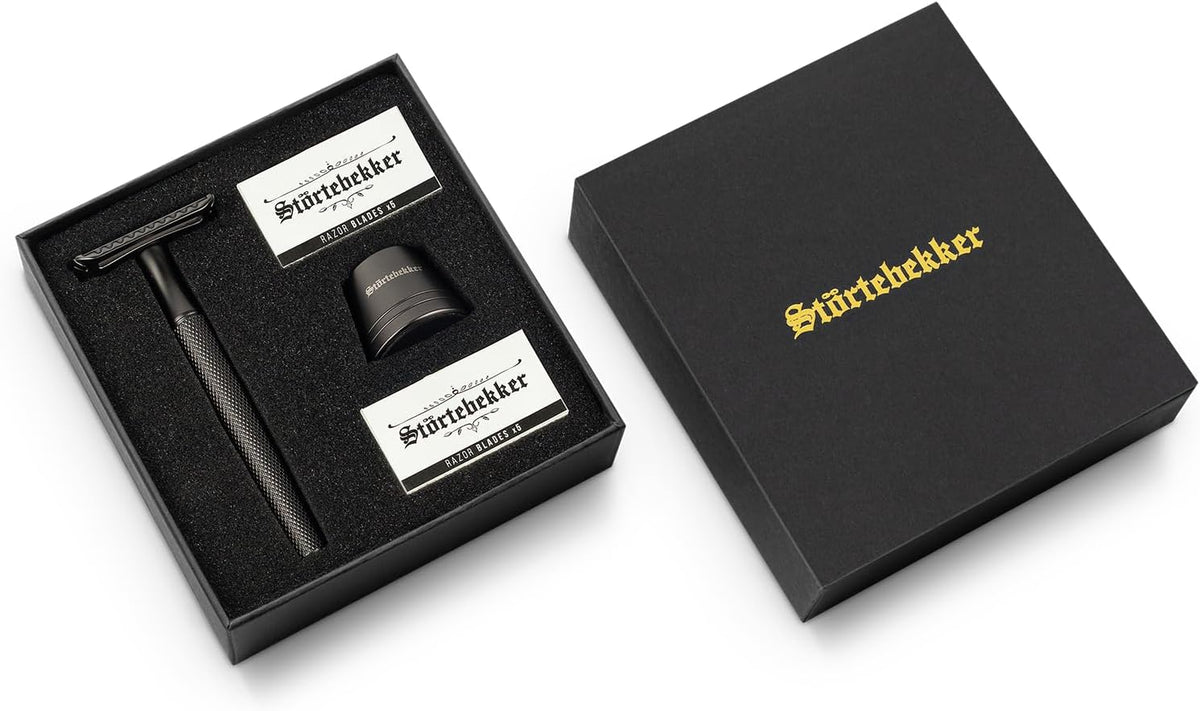 Störtebekker Rasierhobel Set Rasierer 10 Klingen Ständer schwarz klassisch O660 - 4260554493994