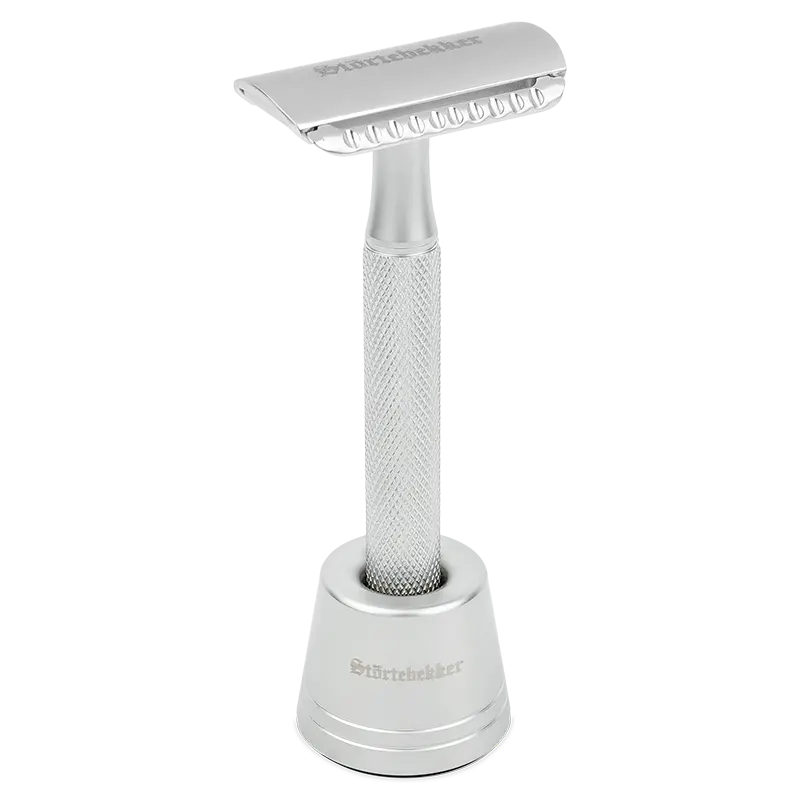 B-Ware Störtebekker Rasierhobel Set Rasierer 10 Bartklingen Ständer Oslo Silber Gu314 - 4260554494007