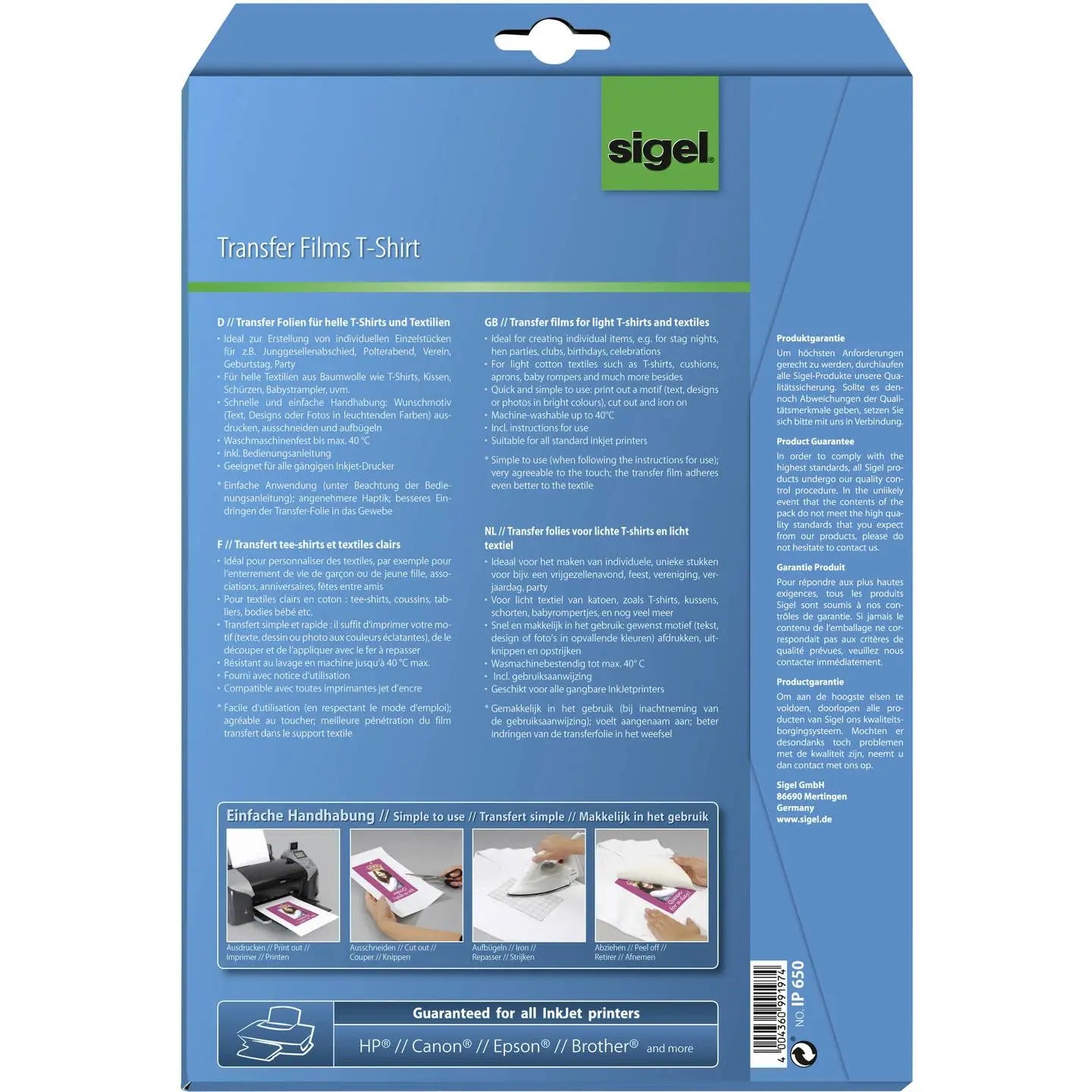 B-Ware Sigel T Shirt Transferfolien Textilfolien Helle Baumwolle 12 Stück Inkjet - 4004360849398