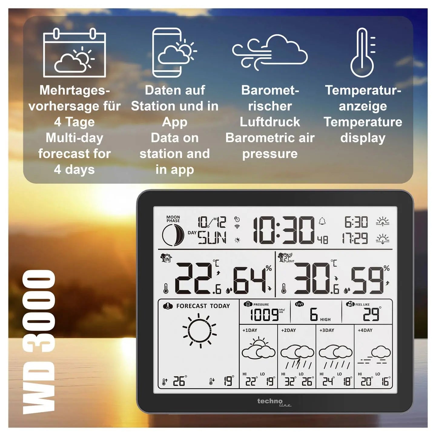 B-Ware Techno Line Wetterstation Station Wlan Tuya Schwarz Außentemperatur Display