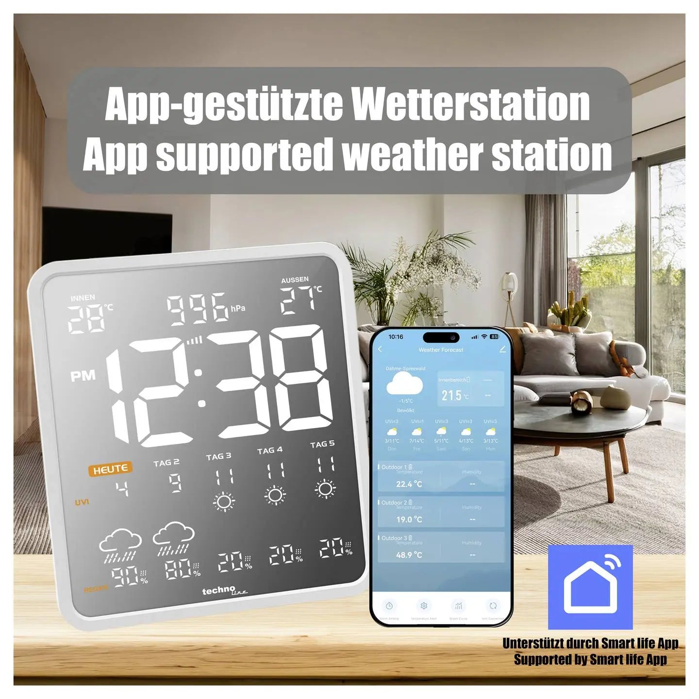B-Ware Techno Line Wetterstation Funkstation Synonym Wlan Tuya Station Außensender Weiß - 4029665030357