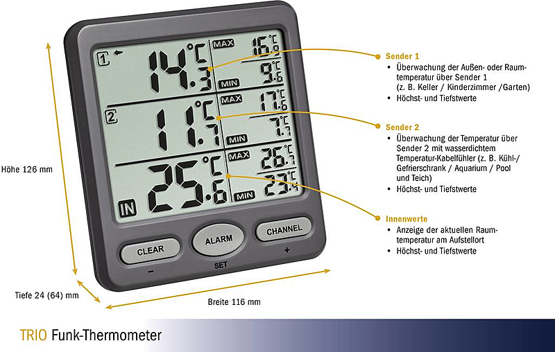 Tfa Trio Funk Thermometer 3 Fache Temperaturkontrolle Temperatur Funk Anthrazit  B-Ware