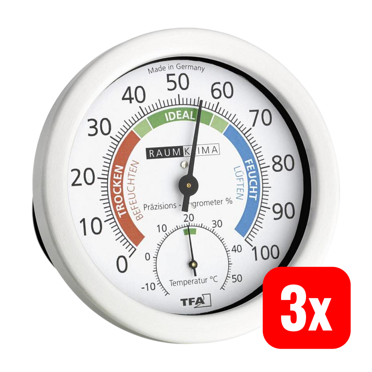 TFA Tisch Wand Thermo-/Hygrometer Klimakontrolle Innenluftfeuchte Weiß 3 STÜCK - 4009816020963
