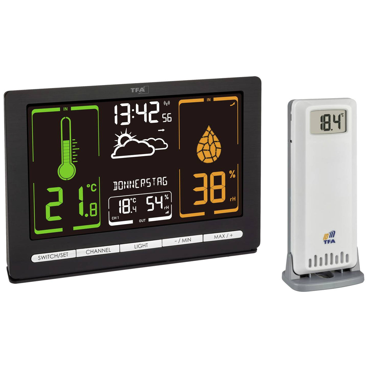 TFA Dostmann Funk-Wetterstation Wetteranzeige METEOCHROME Funkuhr Schwarz - 4009816040022