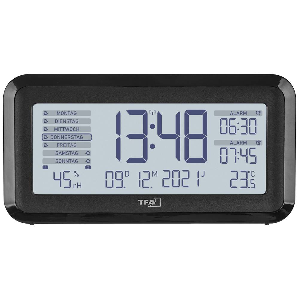 TFA Dostmann 60.2562.01 Funk Wecker Uhr Reisewecker Schwarz Silber Alarmzeiten 2 - 4009816037275