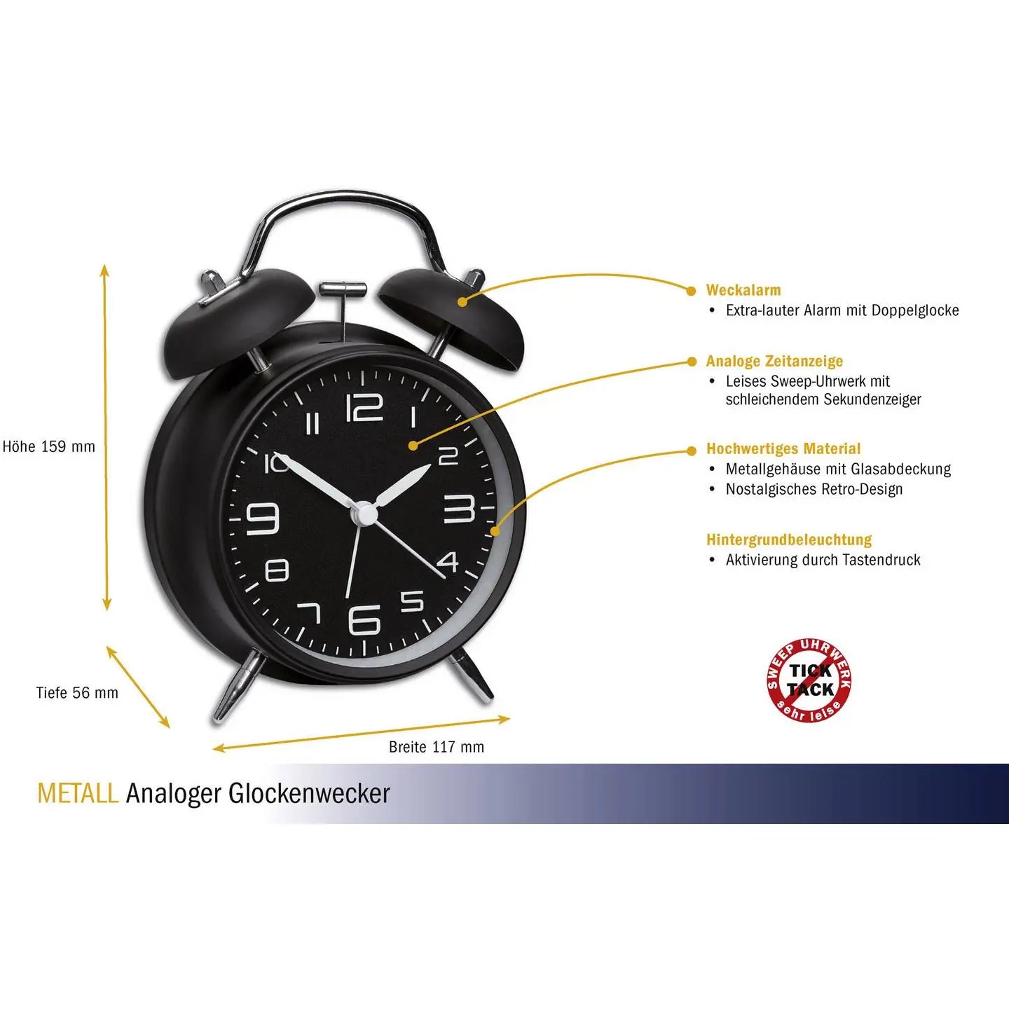 B-Ware Tfa Dostmann 60.1025 Mechanisch Wecker Alarm Uhr Analog Geräuscharm Schwarz - 4009816029751